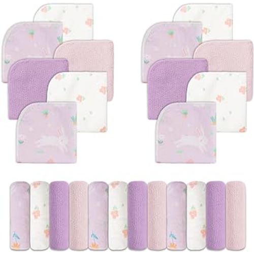Viviland Baby Washcloths, Super Soft Baby Bath Towels for Newborn 24 Pack, Absorbent Face & Body Wash Cloth for Baby Girl, Purple-Rabbit Pattern, 9 x 9 inch