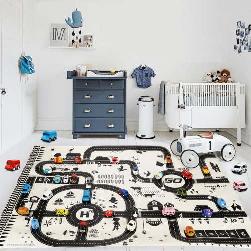 Traffic Rug Play Mat Kids Road Carpet for Toy Cars, Large Race Car Mat, Portable Anti-Slip Educational Traffic Playmat Rug City Life for Play Room Game
