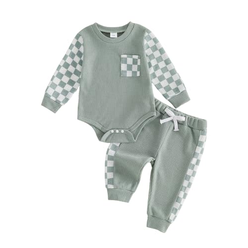 Newborn Baby Boy Girl Clothes Checkered Plaid Long Sleeve Waffle Knit Romper Pants Set 2 Piece Fall Winter Outfits