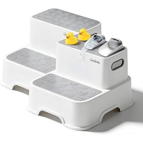 2-Pack Step Stool for Kids – Non-Slip Toddler Step Stool for Bathroom Sink & Potty Training – Heavy Duty 200 lbs, Includes Faucet Extender & Duck Bath Toys (Gray White)
