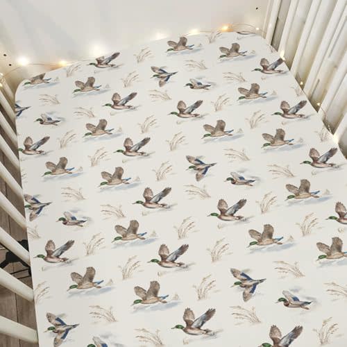 Wild Ducks Mallards Baby Crib Sheets for Boy Girl 52x28Inch Vintage Duck Hunting Soft Stretchy Fitted Crib Mattress Covers Retro Duck Leaves Pond Baby Sheets for Standard Crib and Toddler Bed Mattress