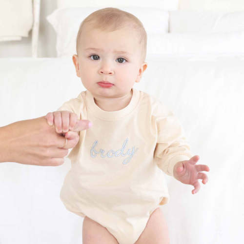 Personalized Script Name Long Sleeve Bubble Romper | Natural