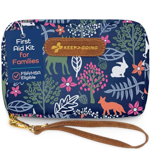 KeepGoing Travel First Aid Kit for Kids – 130 Pc. for Car, Home, Purse, Diaper Bag & Backpack with Latex-Free Bandages - Mini First Aid Kit Travel Size TSA-Approved