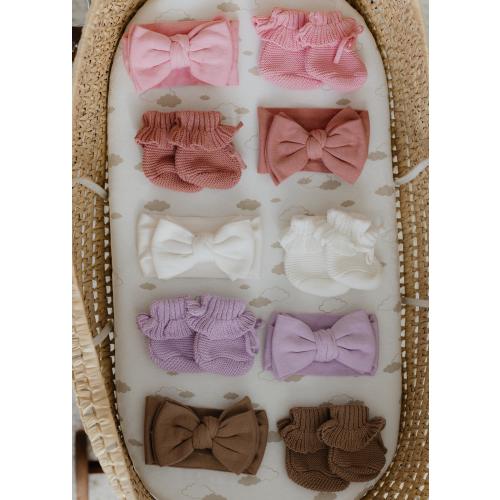 Knit baby bow & bootie set newborn knot headband ruffle booties coming home outfit accessories hospital clothes infant girl shower gift set