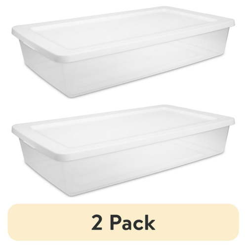 (2 pack) Sterilite Storage Bin, 41 Quart Clear Plastic Storage Container with Snap-On Lid, White