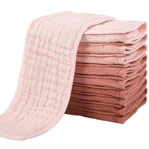 Yoofoss Muslin Burp Cloths for Baby 10 Pack 100% Cotton Baby Washcloths for Boys Girls Large 20''X10'' Super Soft and Absorbent Gradient Pink