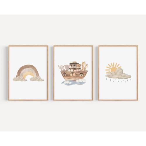 Noah's Ark Printed art print, Christian Nursery Printed and shipped Watercolor Neutral Boho printed on high archival paper Set of 3 NA1-A3