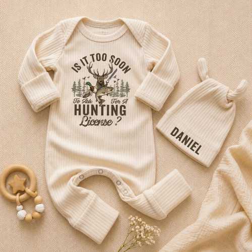 Funny Hunting Baby Bodysuit and Beanie Set, Custom Name Deer Duck Fish Newborn Outfit