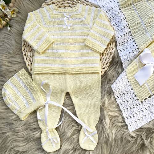 Newborn Baby Knitted Clothes, Newborn Coming Home Outfits, Spanish Baby Knit Set, Christening, Baptism, and Shower Gift. (Yellow) 6210