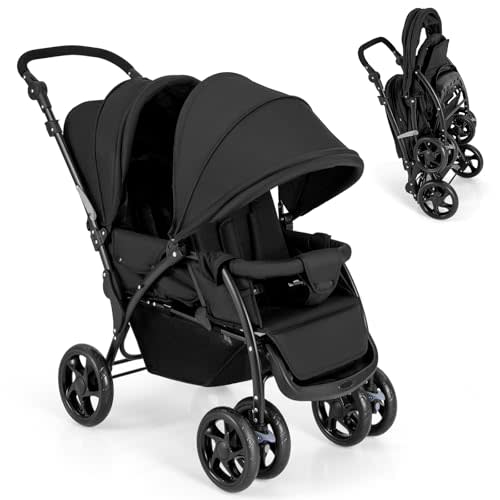GLACER Foldable Twin Stroller, Double Baby Stroller w/Multi-Level Backrest, Canopy, Handle & Footrest, Safety Belt & Brake System, Travel Tandem Seating Stroller w/Lockable Wheels (Black)