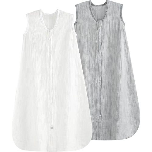 PHF 100% Muslin Cotton Baby Sleep Sacks, 6-12 Months Sleep Sack with 2-Way Zipper, 2 Pack Cooling Unisex 0.5 TOG Breathable Medium Size Sleeveless Baby Wearable Blanket, White & Grey