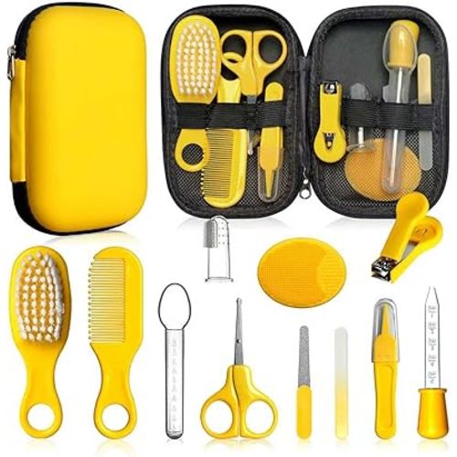 Baby Grooming Kit - Nursery Essentials Baby Registry Shower Gift for Newborns, Infants, Toddlers, Boys, Girls Kids-Safety Baby Comb, Brush, Finger Toothbrush, Nail Clippers, Scissors (Yellow 12 in 1)