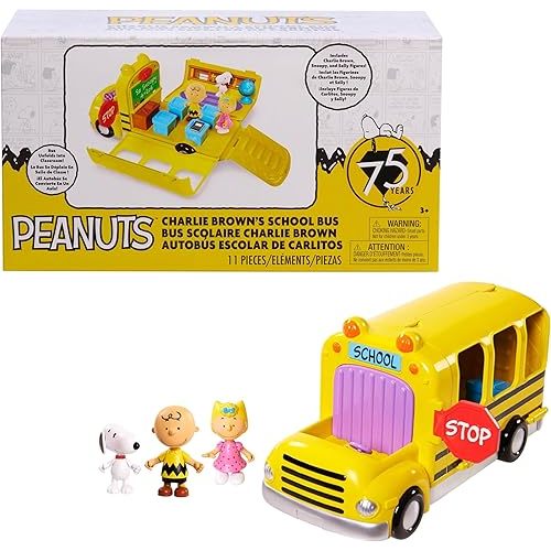 Peanuts Charlie Brown's Interactive School Bus Toy, 11-Pieces, Includes Charlie Brown, Sally, and Snoopy Figures, Toy for Fans, Boys, Girls, Kids, Ages 3 and Up, Kids Toys for Ages 3 Up by Just Play
