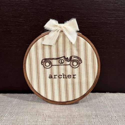 Hand Embroidered Vintage Race Car Name Hoop, Personalized Nursery Decor, Custom Baby Announcement