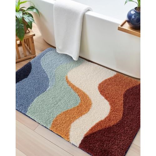 DEXI Bathroom Rug Washable, 17x30 Non Slip Bath Mat Absorbent, Soft Plush Microfiber Bathmat Quick Dry for Shower Floor, Colorful