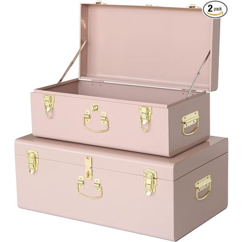 Decorative Metal Box Storage Trunks Set of 2 College Dorm Chest with Handle (Pink)