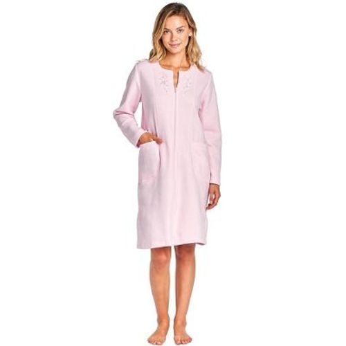 Casual Nights Women's Short Fleece Zip-Up Robe with Pockets, Long Sleeve House Coat with Floral Embroidery, Duster For Sleepwear & Lounging, Pink M