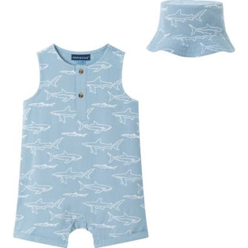Print Sleeveless Romper & Bucket Hat Set, 0-3M