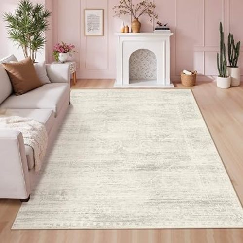 Latte&Fog Vintage 5x7 Washable Area Rugs, Ivory Rug for Living Room Dining Room Kitchen, Neutral Floral Rugs for Bedroom Dorm,Nursery Room, Soft Non Slip Low Pile Carpet for Office Farmhouse Classroom