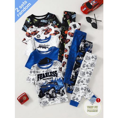 Randomly Sent 2 Sets Of Baby Boy Fashionable Cool Minimalist Classic Casual Daily Comfortable Soft High Elasticity Knit Tight Fabric Blue Multicolor Dinosaur Off-Road Car Racing Car Rabbit Sports Football Spider Hero Cartoon Print Pattern Round Neck Pullo