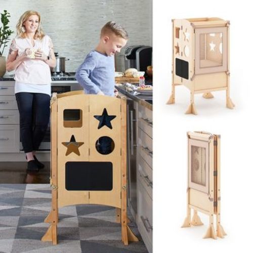Guidecraft Classic Kitchen Helper Kids' Step Stool: Folding, Adjustable Kids Non-Slip Learning Toddler Tower with Safe Keepers
