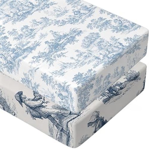 2 Pack Blue and White Toile Crib Sheet Set for Baby Girl, Soft Breathable Fitted Shabby Chic Crib Sheet 28 x 52 in, Vintage French Country Nursery Decor for Standard Crib and Toddler Bed Mattresses
