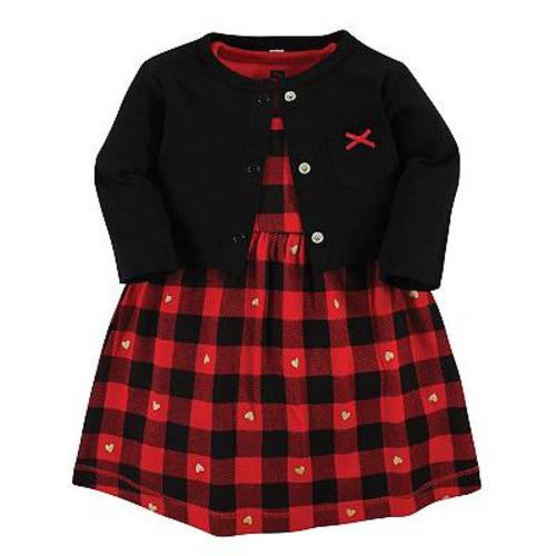 Baby Girls Cotton Dress and Cardigan Set, Gold Heart Buffalo Plaid