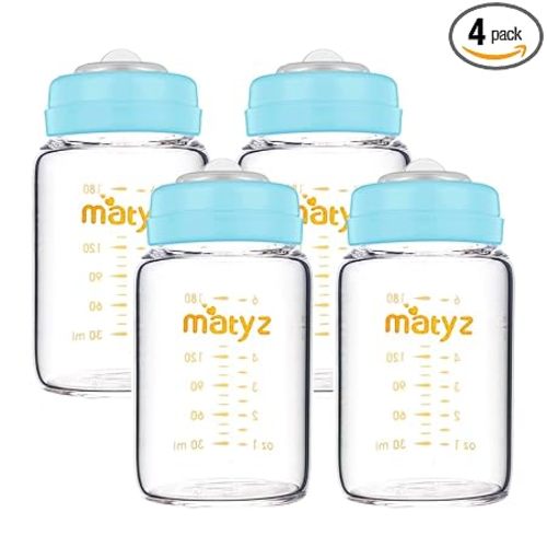 Matyz 4-PACK Wide Mouth Glass Breast Milk Storage Containers With Lids (Blue, 6 Oz Each) - Glass Freezer Safe Breastmilk Storage Bottles - Breast Pump Accessories For Medela Spectra Avent Breast Pumps