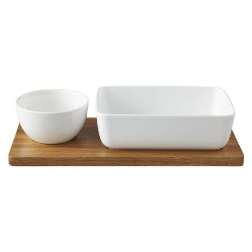 Better Homes & Gardens Ceramic Chip Dip Bowl with Acacia Tray, Natural Wood Color, 13.5x6.5x2.99 in