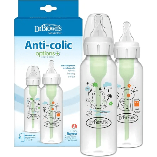 Dr. Brown's Natural Flow Anti-Colic Options+ Narrow Baby Bottle, Frog and Pig, 8 oz/250 mL, with Level 1 Slow Flow Nipple, BPA Free, 0m+, 2-Pack