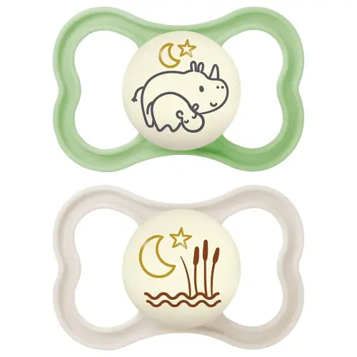 MAM Air Night Pacifiers, MAM Sensitive Skin Pacifier 6+ Months, Glow in The Dark Pacifier, Best Pacifier for Breastfed Babies, Unisex Baby Pacifiers, 2 Count (Pack of 1), Designs May Vary