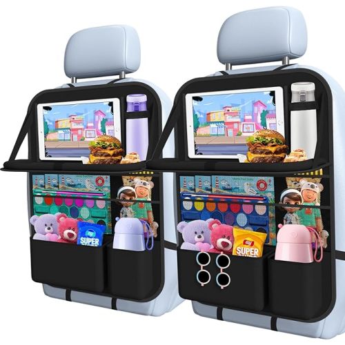 Oneyus Car Backseat Organizer with table Tray, 9 Storage Pockets Backseat Car Organizer with Tablet Holder, Back seat Organizer for Kids Road Trip Essentials Travel (1Pack)