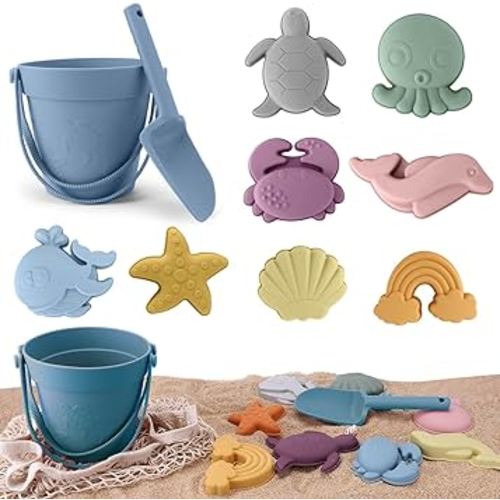 Beach Toys 11Pcs Silicone Modern Baby Beach Toys with Beach Bag Travel Friendly Beach Set,Silicone Bucket, Shovel, 8 Sand Molds,Silicone Sand Toys for Toddlers, Kids (Blue)