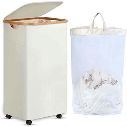 efluky Slim Laundry Basket with Wheels, Narrow Rolling Laundry Hamper with Lid and Removable Bag, Tall Aesthetic Dirty Clothes Hamper on Wheels for Laundry Room, Bedroom, Dorm and Bathroom, 100L Beige