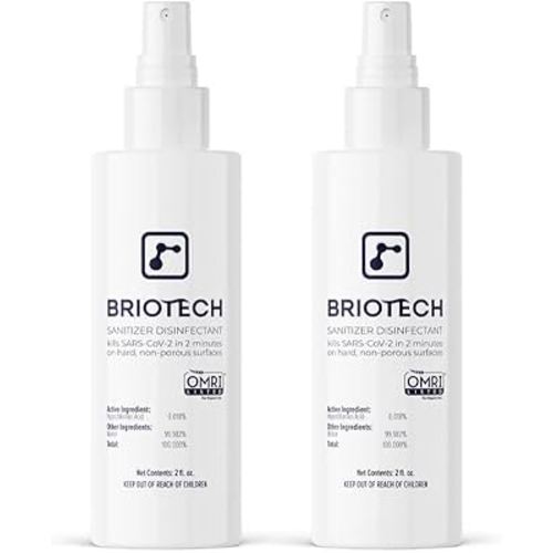 BRIOTECH Sanitizer Disinfectant Hypochlorous Spray, Kill 99.99% of Viruses & Bacteria, Control Mold, Eliminate Odor, Gentle for Nurseries, Food Contact Surface Sanitizer, 2 fl oz Travel Size (2 Pack)