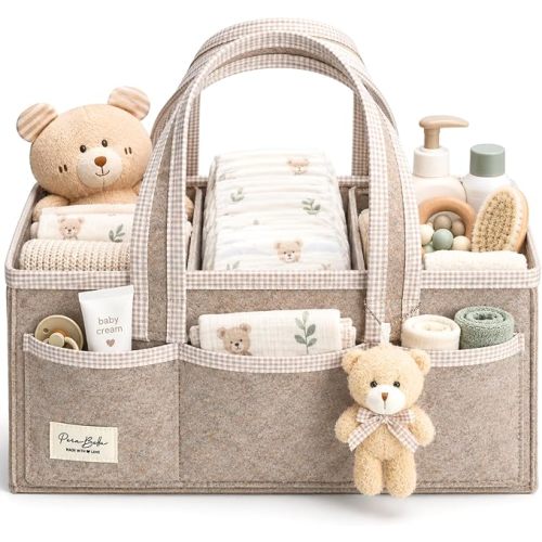 Baby Diaper Caddy Organizer, XL Baby Basket Shower Gift Caddy, Portable Felt Changing Table Basket, Nursery Storage Bin, Newborn Boy and Girl Essentials for Registry, Car Diaper Organizer