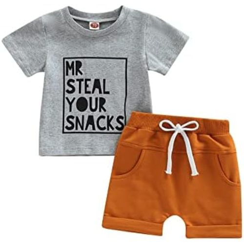 Toddler Baby Boy Summer Clothes Short Sleeve Letter Print Stripe T-Shirt with Elastic Waist Shorts Set Summer Outfit