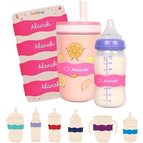InchBug Orbit Labels Silicone Bottle Bands, 4-Pack, Flamingo Pink