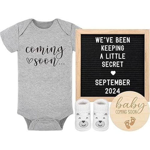 Pregnancy Announcement, Coming Soon Baby Announcement For Grandparents Dad Husband Family, Pregnancy Reveal Ideas, Gender Reveal Baby Shower Gifts -Felt Letter Board, Onesie, Booties, Wooden Sign