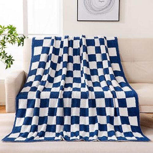 YIRUIO Throw Blankets Checkered Queen,King Size Big Fluffy Fuzzy Warmer Comfort Reversible Super Soft Cozy Decor for Home Bed Couch Sofa Room (Bluey, 80''x90'')