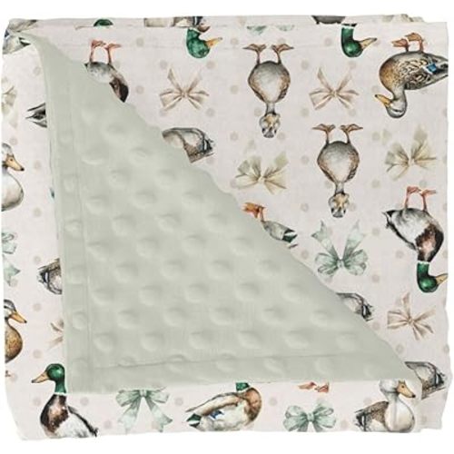 Vintage Duck Bows Floral Baby Blankets for Girl Boy Green Mallard Ducks Soft Mink Dotted Backing Double Layer Swaddle Receiving Blanket Hunting Duck Bird Bed Throws for Newborn Toddler Nursery 30x40