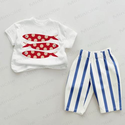 Baby Red Polka Dot Fish Blue Vertical Striped 2-piece Set