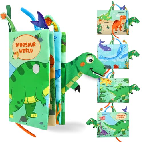 YOGINGO Baby Books - Montessori Toys Cute Dinosaurs Theme Baby Cloth Books 6 to 12 Months, Soft Stuffed High Contrast Crinkle Infant Sensory Toys, Boys&Girls Kids Early Learning Gifts