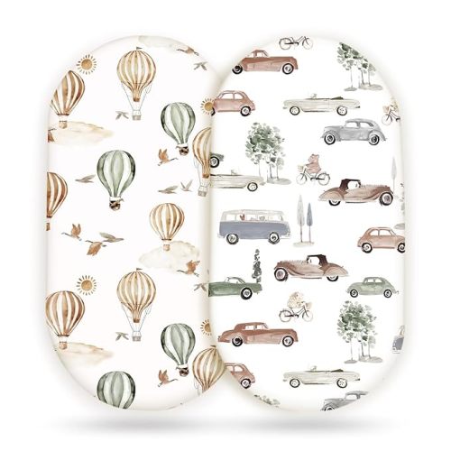 GRSSDER Stretchy Ultra Soft Fitted Bassinet Sheet Set 2 Pack, Universal Fitted for Bassinets Baby Cradle Moses Basket Oval Rectangle Mattress Safe and Snug, Neutral Pattern of Cars Print
