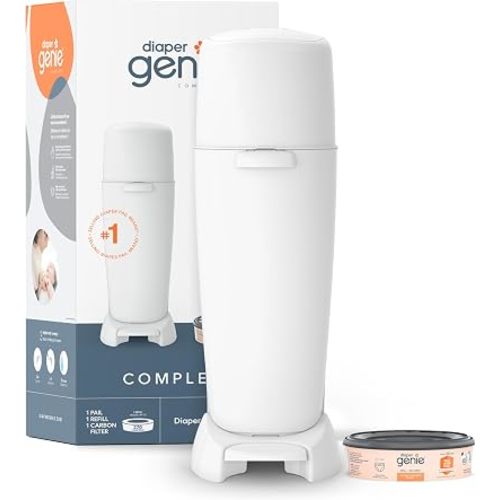 Diaper Genie Complete Diaper Pail (White) – Includes 1 Refill (Holds 270 Newborn Diapers) & 1 Carbon Filter