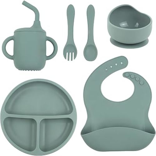 6-Piece Baby Feeding Set, Silicone Baby Mealtime Kit for ​Food-Grade Strong Suction Baby Plate​+Baby Cup+ Bib+Fork+Spoon+Bowl, Toddler Eating Essentials Washable ​Parenting Gift Idea (Army green)