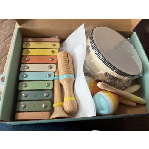 Montessori Baby Musical Instruments Set 9 in 1 Wooden Toddler Toys 4 year plus Boho Neutral Percussion Xylophone Preschool Learning Gift.