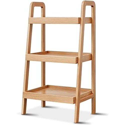Grewood 3-Tiers Ladder Bookshelf, Solid Oak Wood Ladder Shelf, Floor Bookcase, Side Table for Living Room, Storage Open Shelf for Kitchen, Bathroom