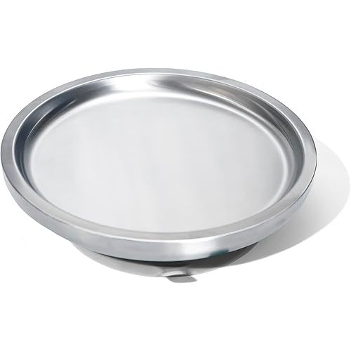 Avanchy Open Baby Plates with Suction – Stainless Steel Divided Plates for Toddlers, BPA-Free, Dishwasher Safe, Unbreakable, Non-Toxic, 100% Silicone Suction – Gray