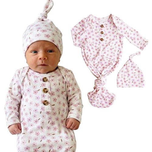 Caden Lane Newborn Knotted Gown with Hat, Soft Bamboo Viscose Baby Sack, Unisex Infant Breathable Night gown Pale Pink